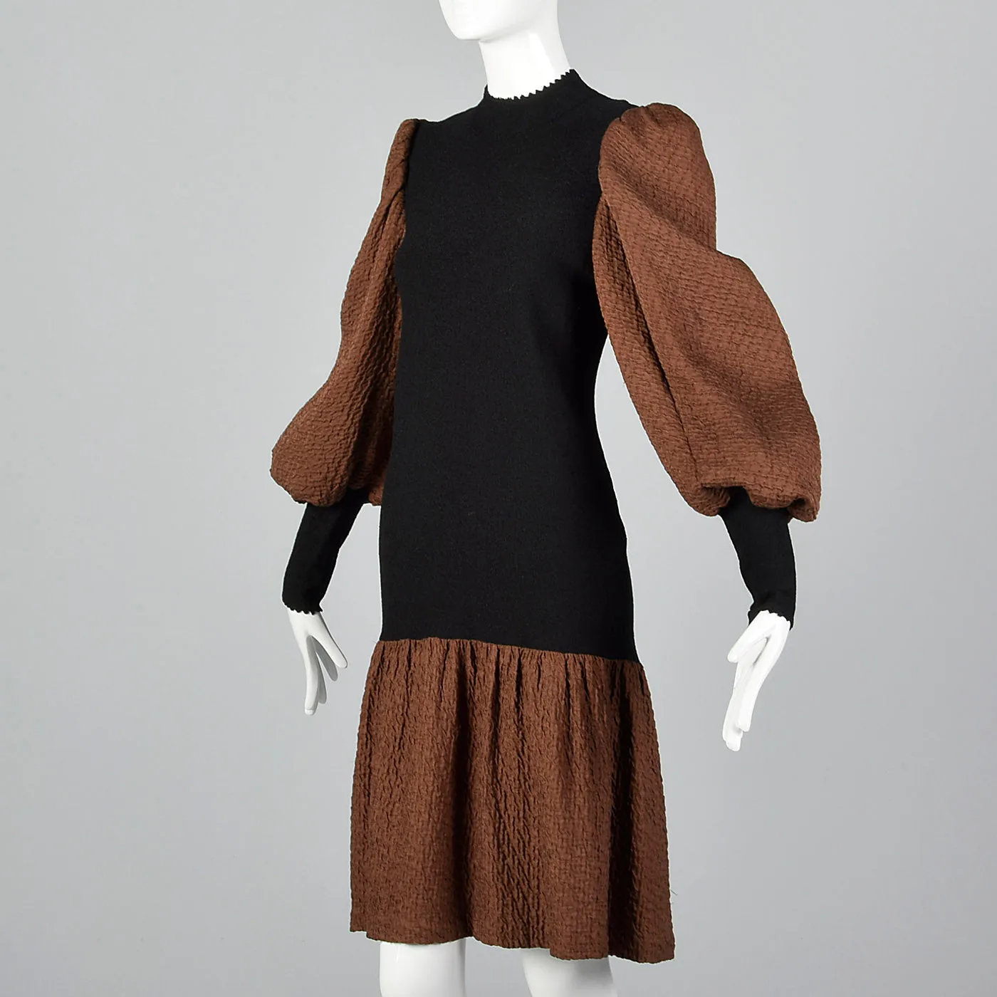 1980s Adolfo Black Knit Dress with Bishop Sleeves