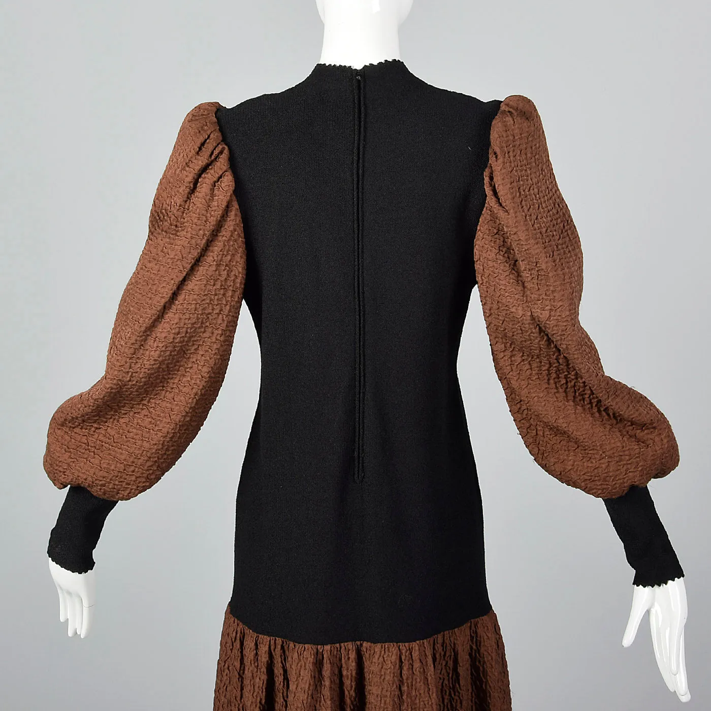 1980s Adolfo Black Knit Dress with Bishop Sleeves