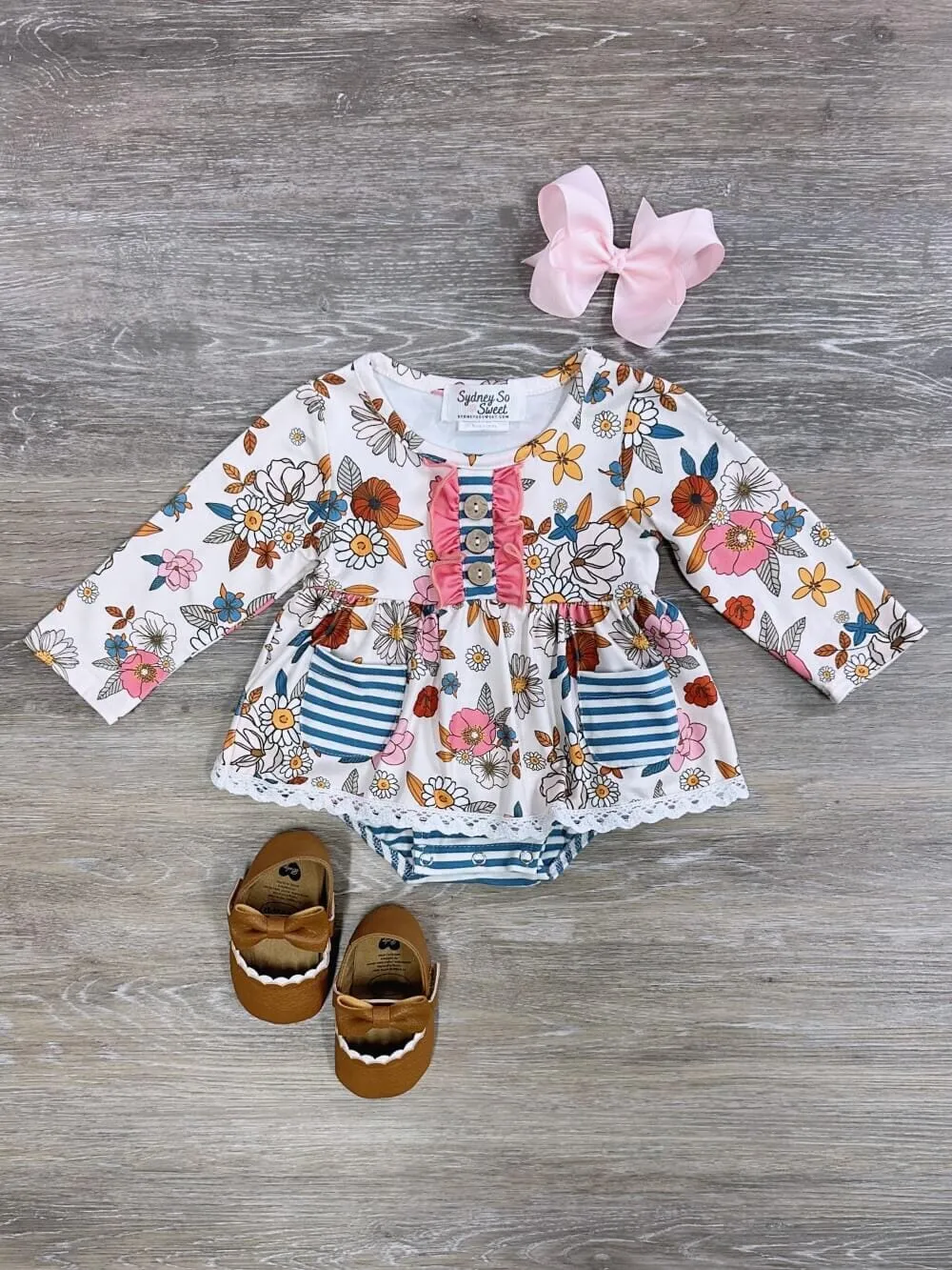 Autumn Blooms Blue Stripe Long Sleeve Baby Romper