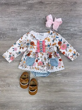 Autumn Blooms Blue Stripe Long Sleeve Baby Romper