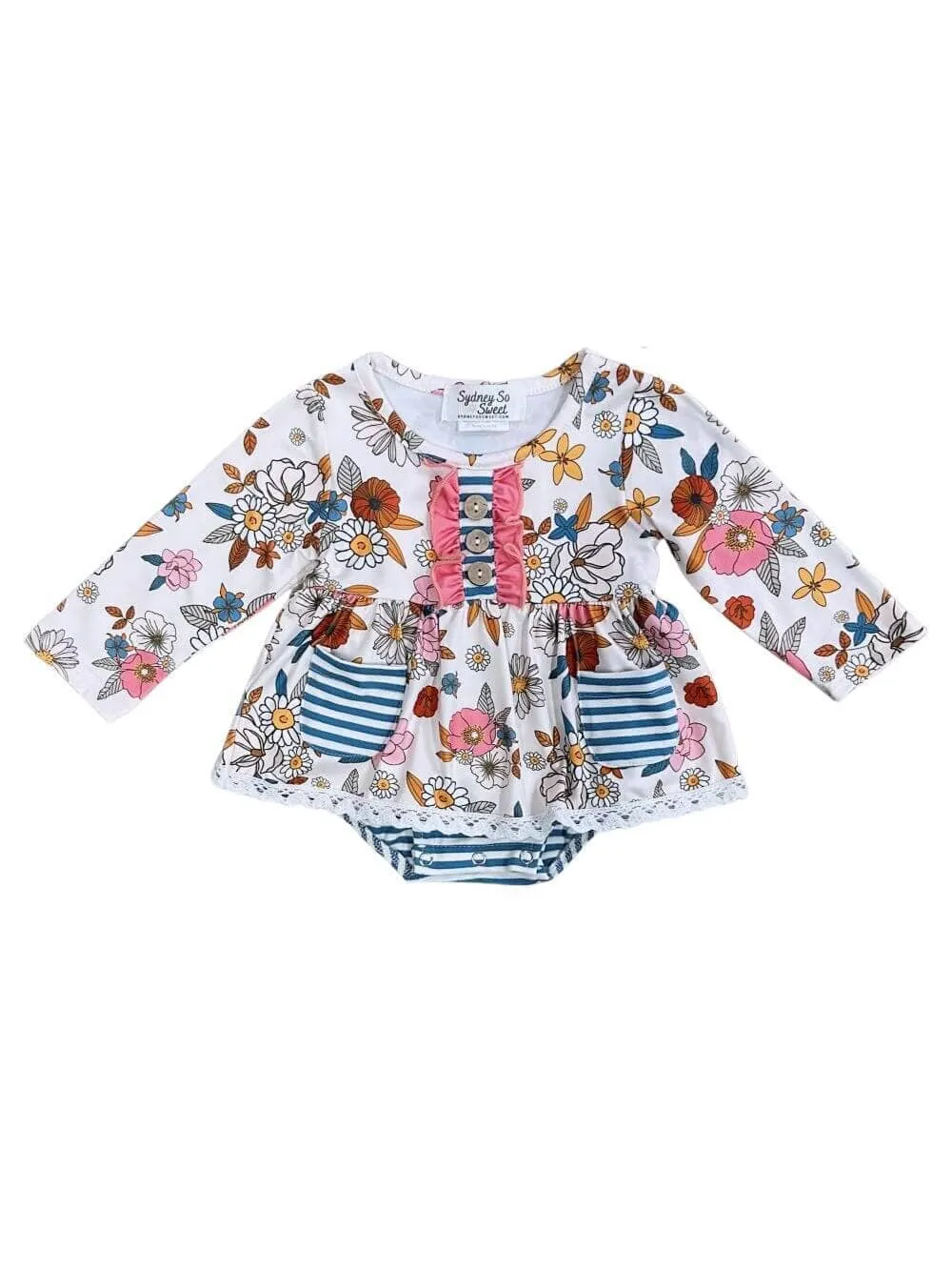 Autumn Blooms Blue Stripe Long Sleeve Baby Romper