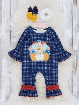 Blue & Orange Plaid Embroidered Turkey Ruffle Romper