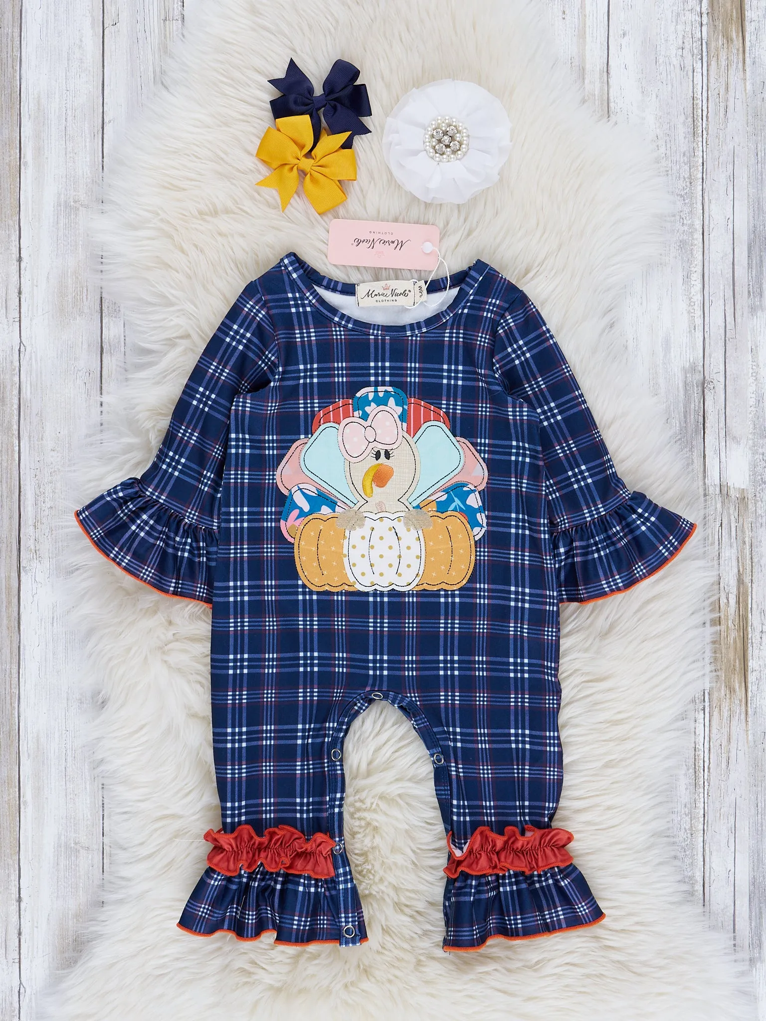 Blue & Orange Plaid Embroidered Turkey Ruffle Romper