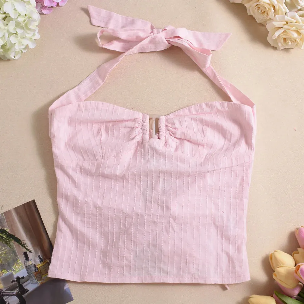 Chic Summer Halter Crop Top - Woven Backless Lace-Up Slim Tank