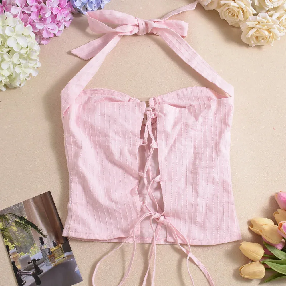 Chic Summer Halter Crop Top - Woven Backless Lace-Up Slim Tank