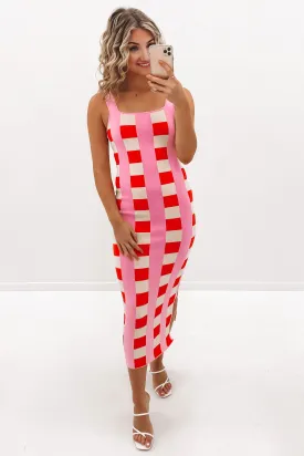 Cora Check Knit Midi Dress Multi Pink White