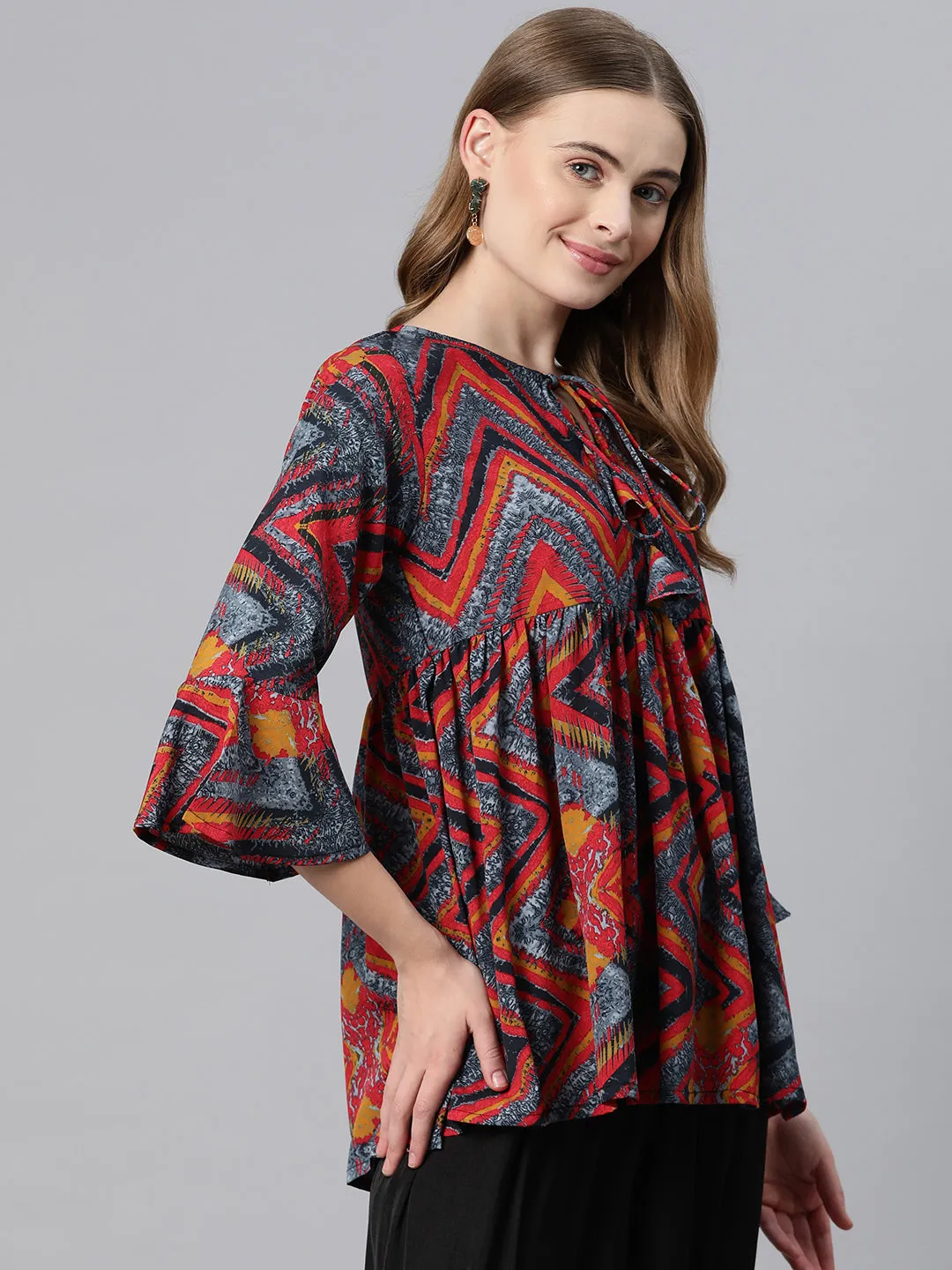 Cottinfab Geometric Print Tie-Up Neck Bell Sleeve Crepe Empire Top