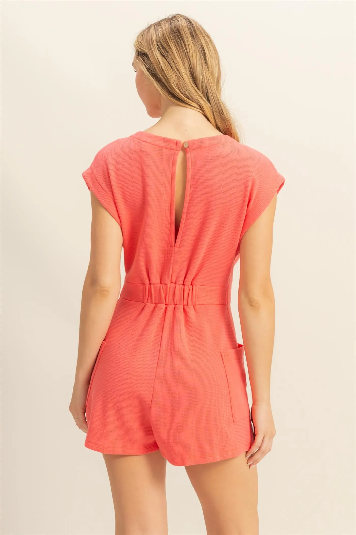 DZ25C387-Tie-Front Waffle Knitted Romper
