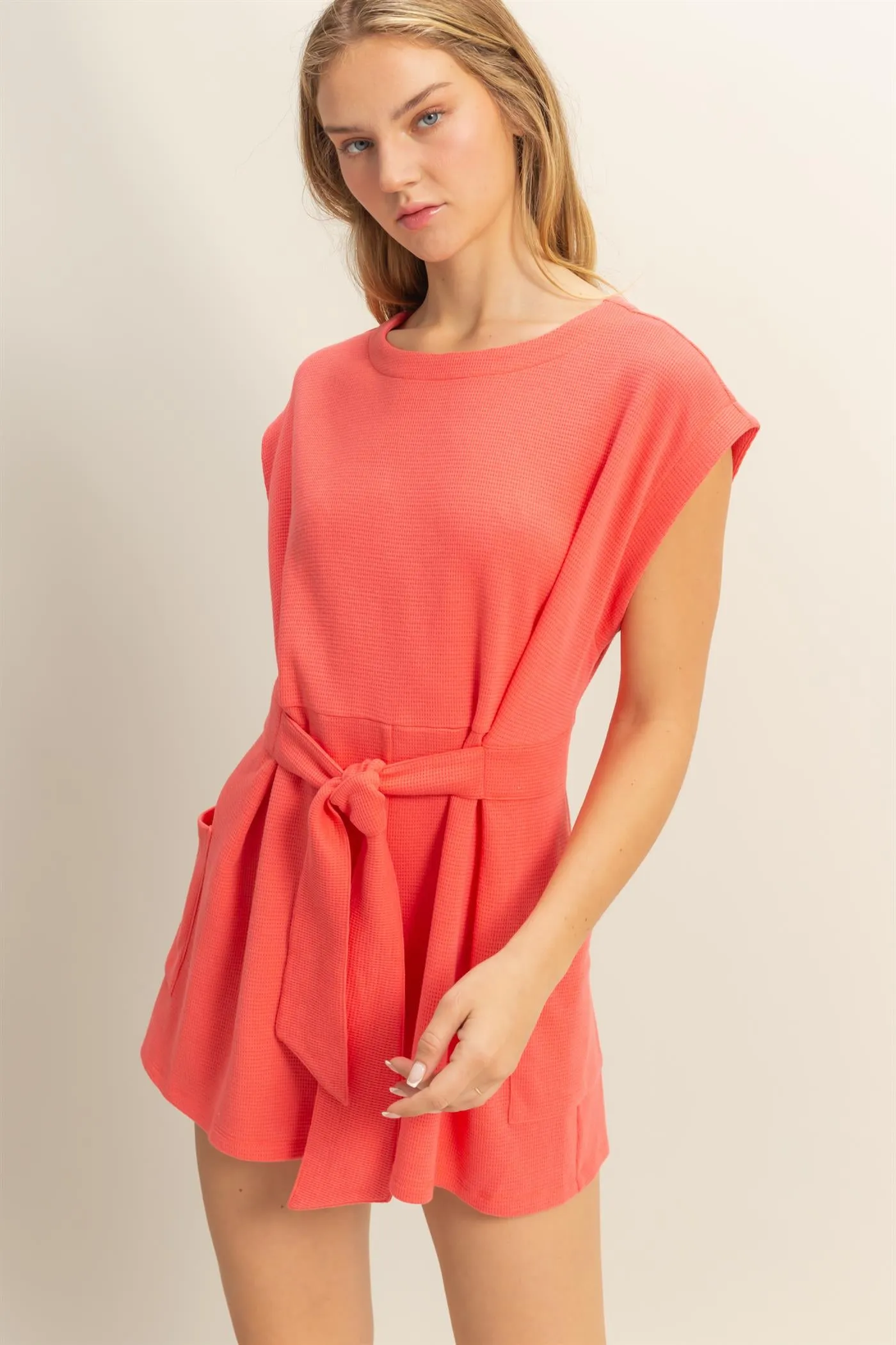 DZ25C387-Tie-Front Waffle Knitted Romper