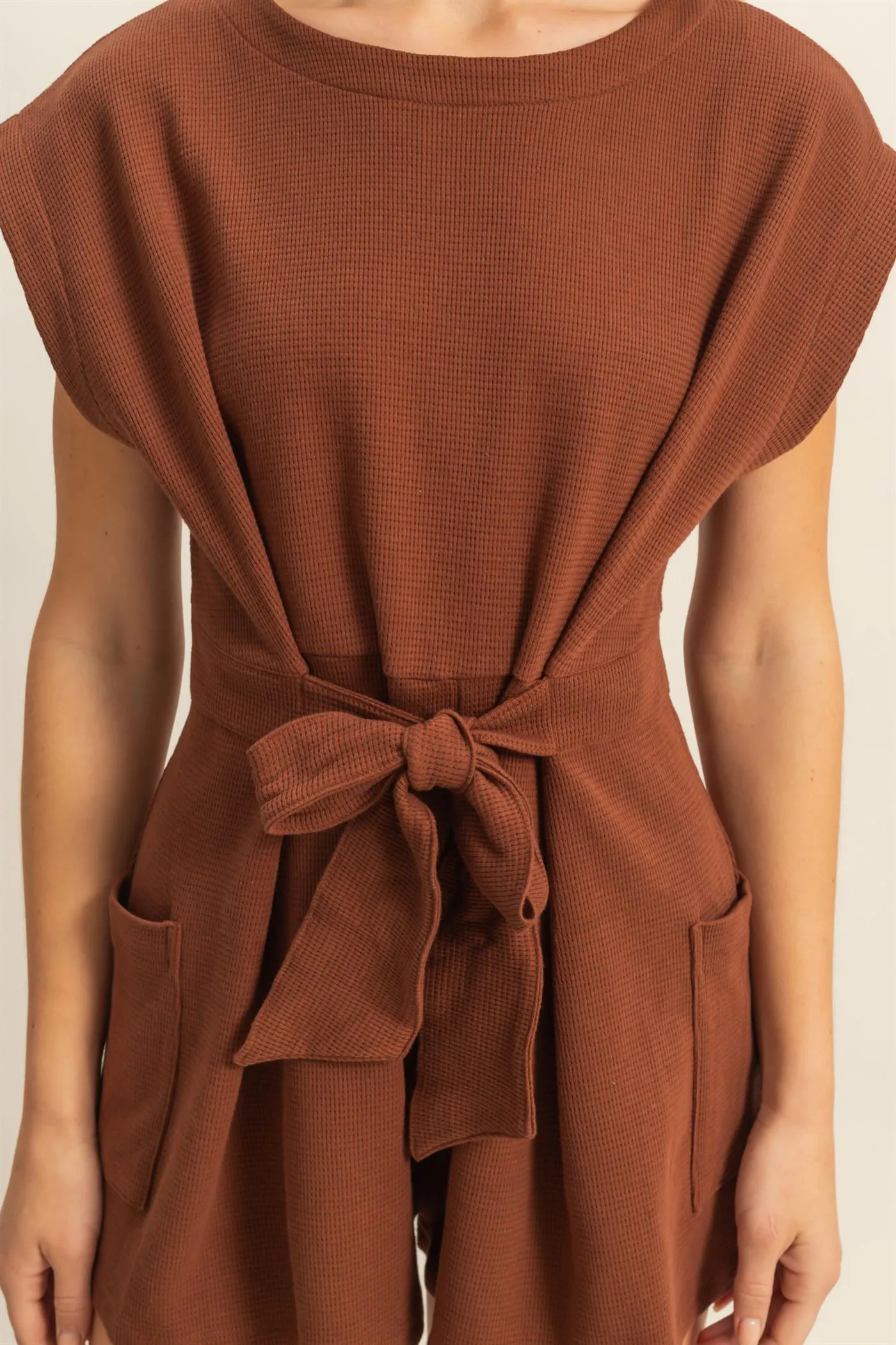 DZ25C387-Tie-Front Waffle Knitted Romper