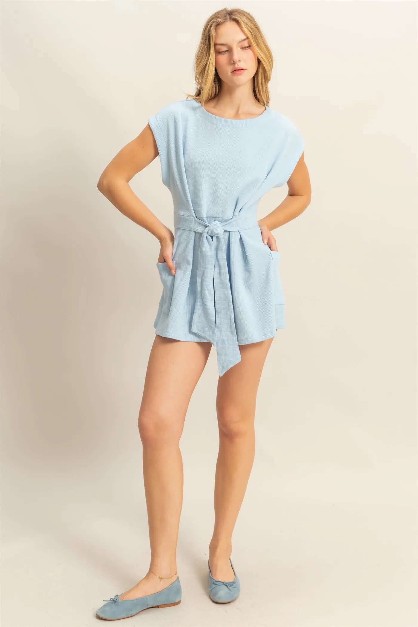 DZ25C387-Tie-Front Waffle Knitted Romper