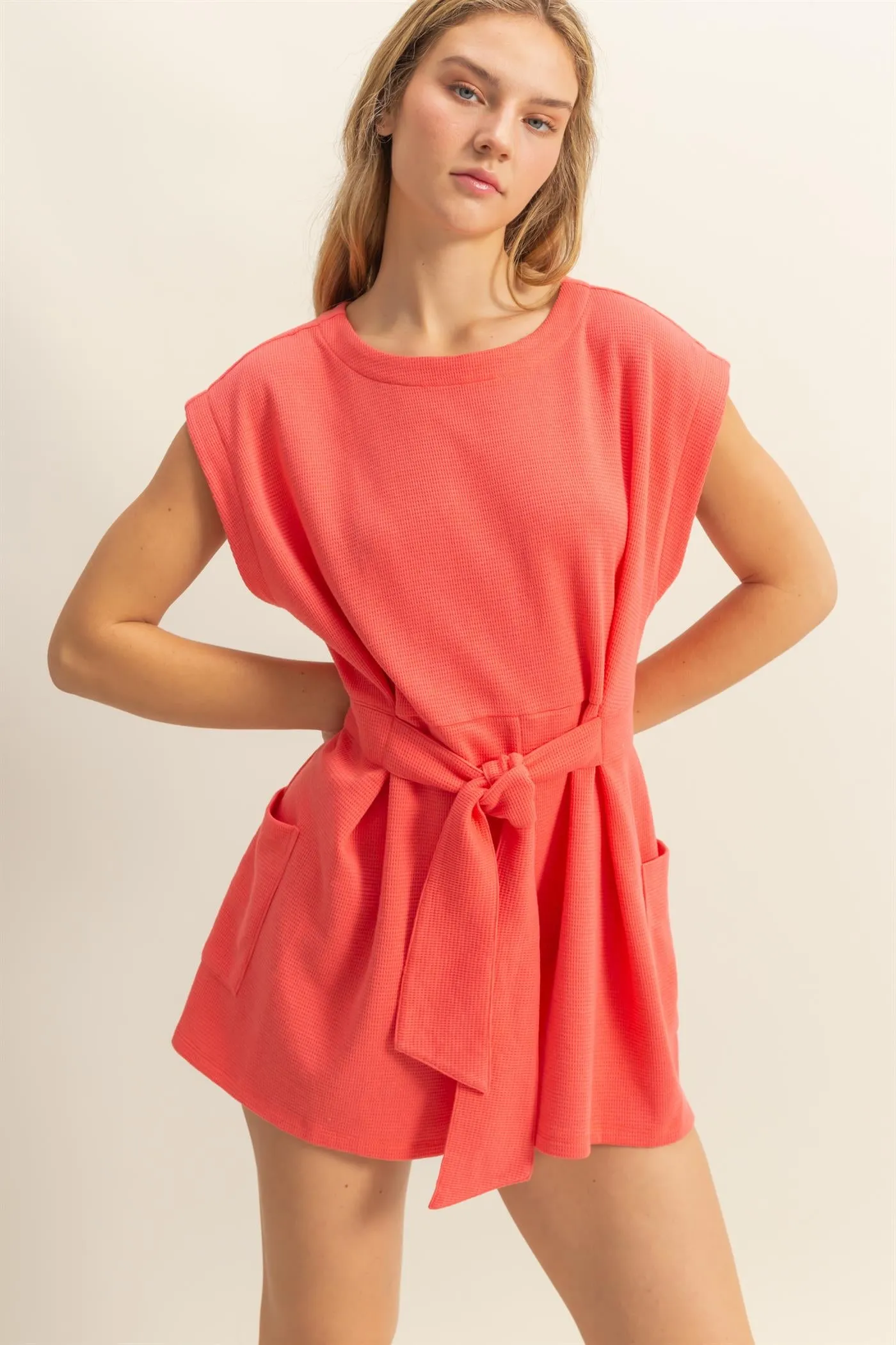 DZ25C387-Tie-Front Waffle Knitted Romper