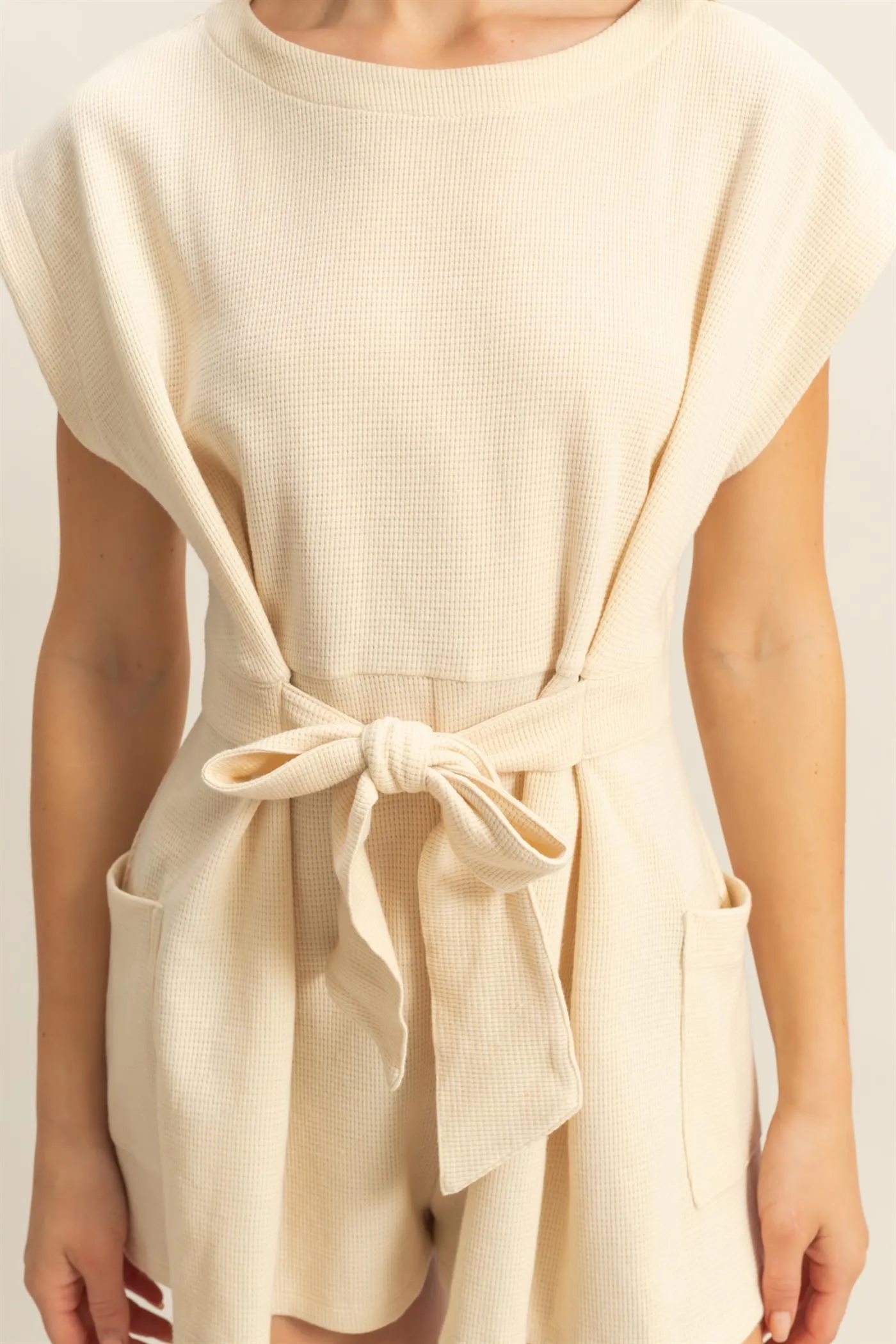 DZ25C387-Tie-Front Waffle Knitted Romper