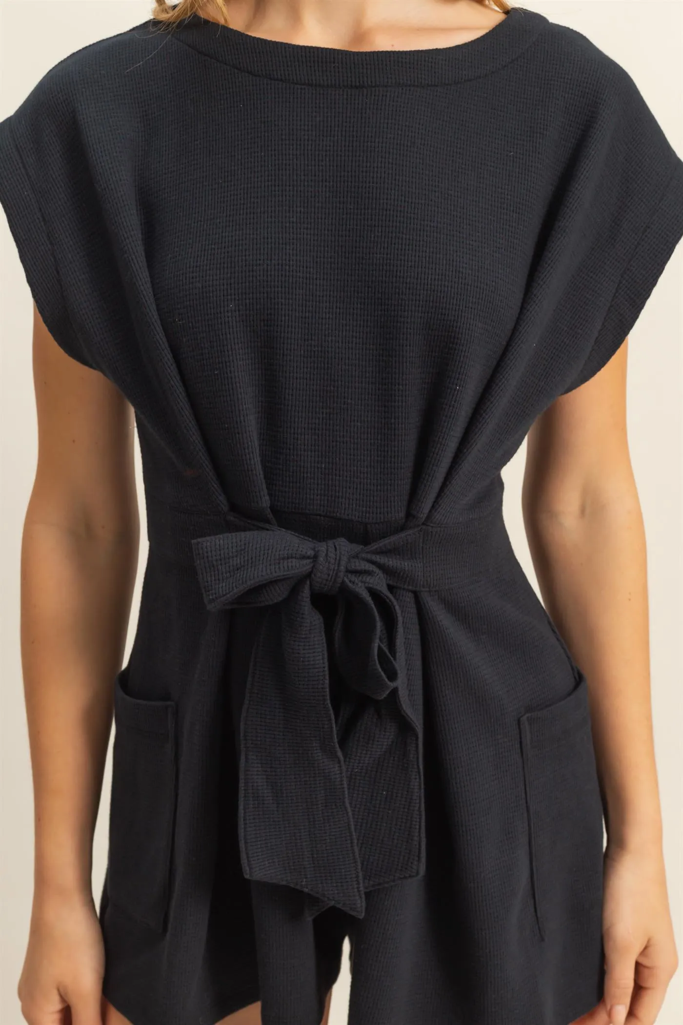 DZ25C387-Tie-Front Waffle Knitted Romper