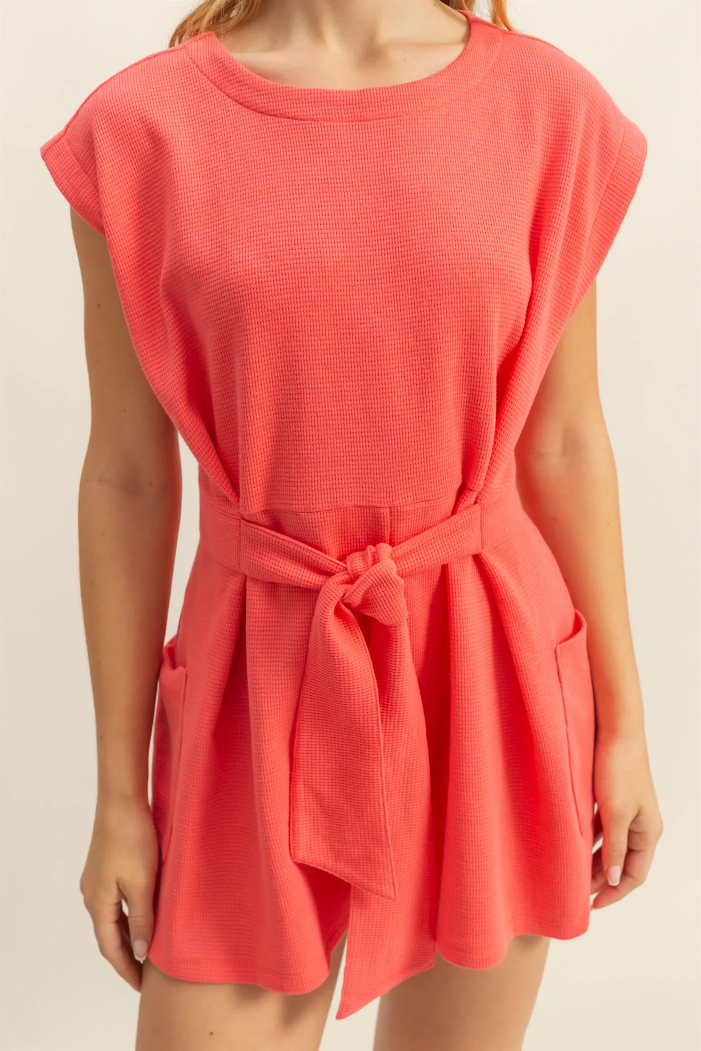 DZ25C387-Tie-Front Waffle Knitted Romper