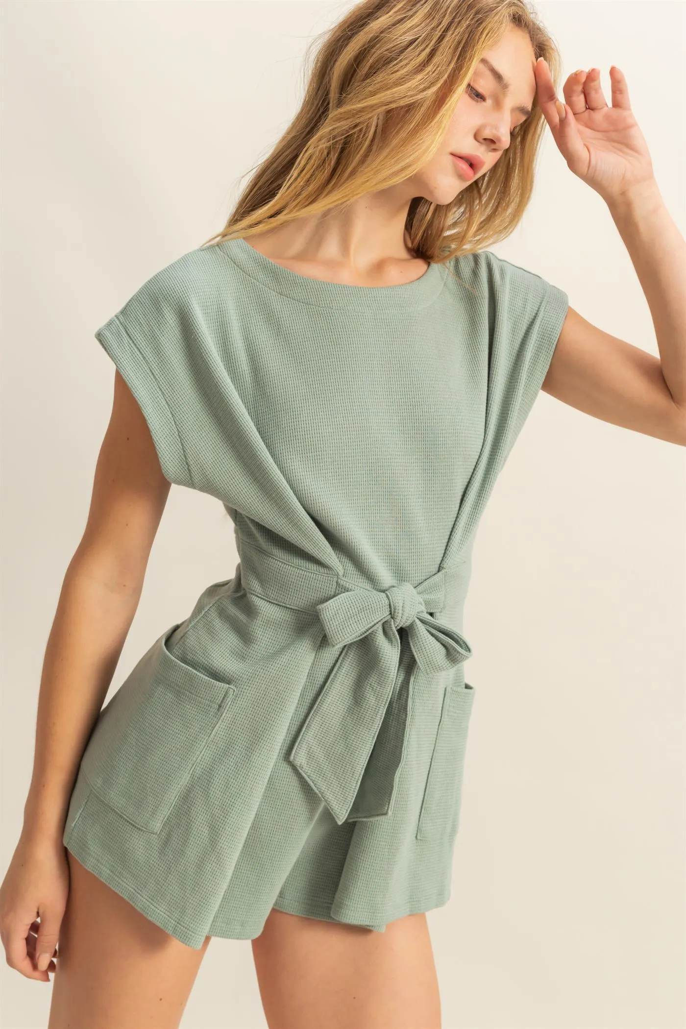 DZ25C387-Tie-Front Waffle Knitted Romper