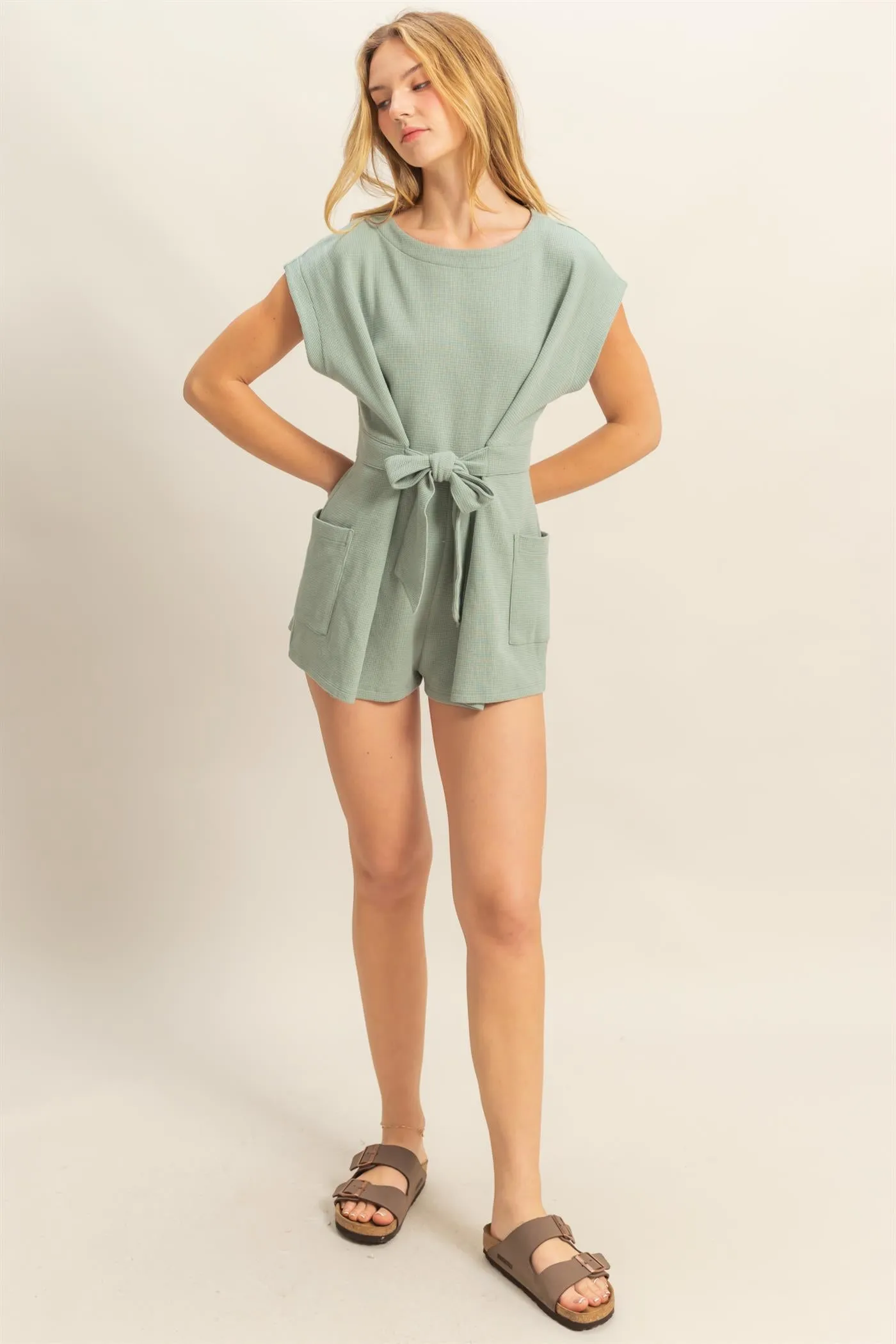 DZ25C387-Tie-Front Waffle Knitted Romper