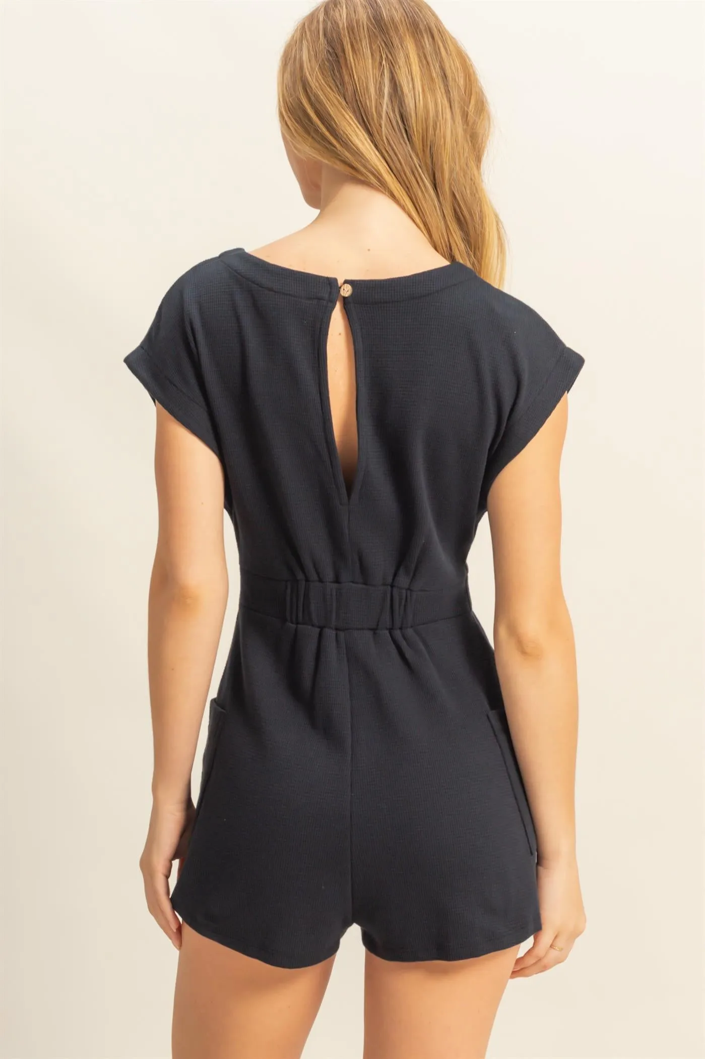 DZ25C387-Tie-Front Waffle Knitted Romper