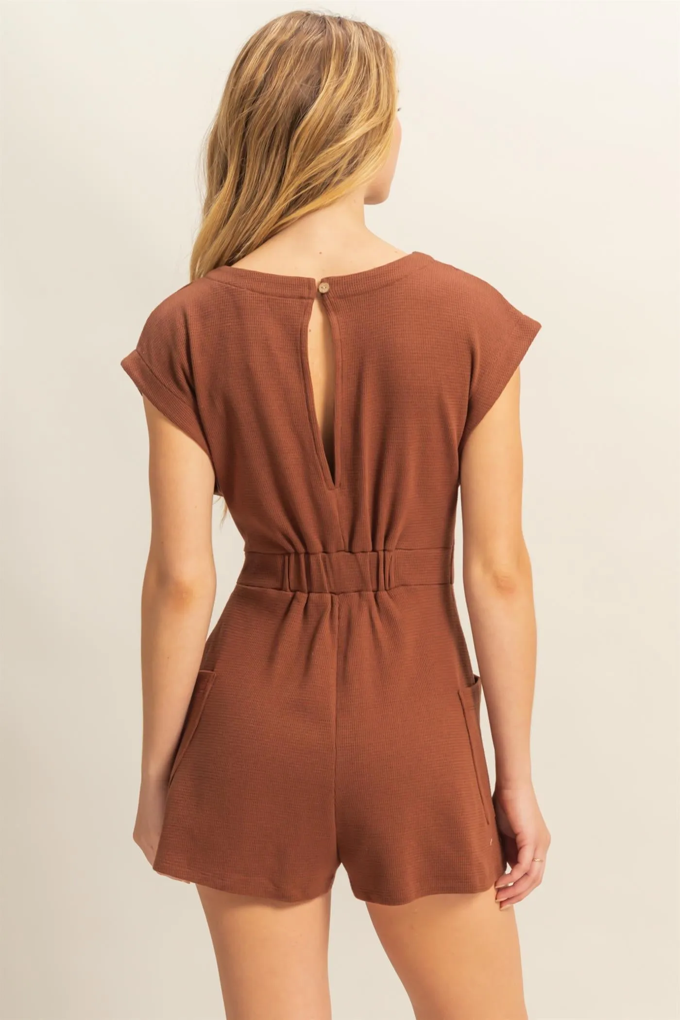 DZ25C387-Tie-Front Waffle Knitted Romper