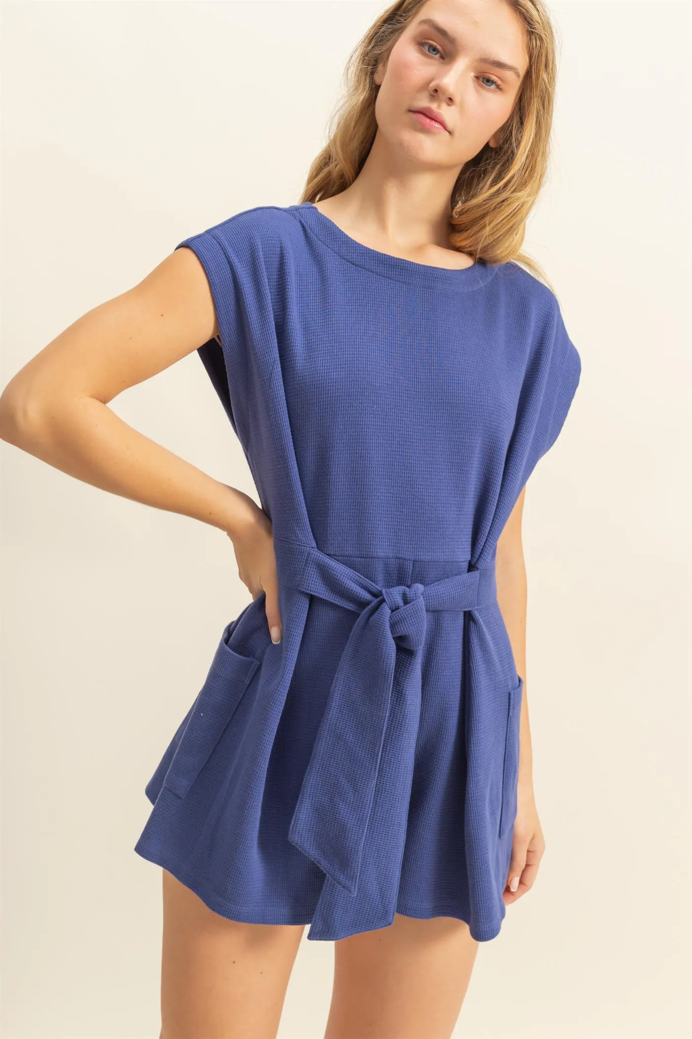 DZ25C387-Tie-Front Waffle Knitted Romper