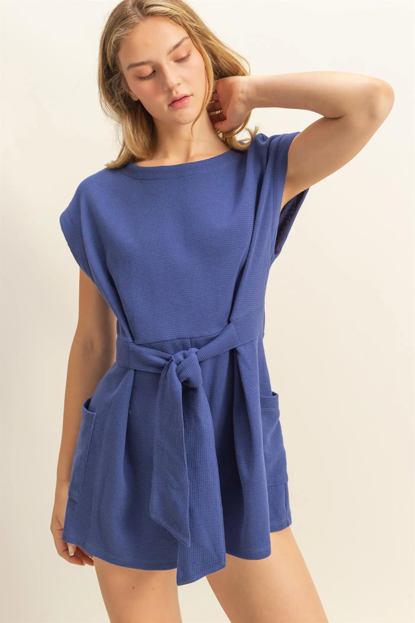 DZ25C387-Tie-Front Waffle Knitted Romper