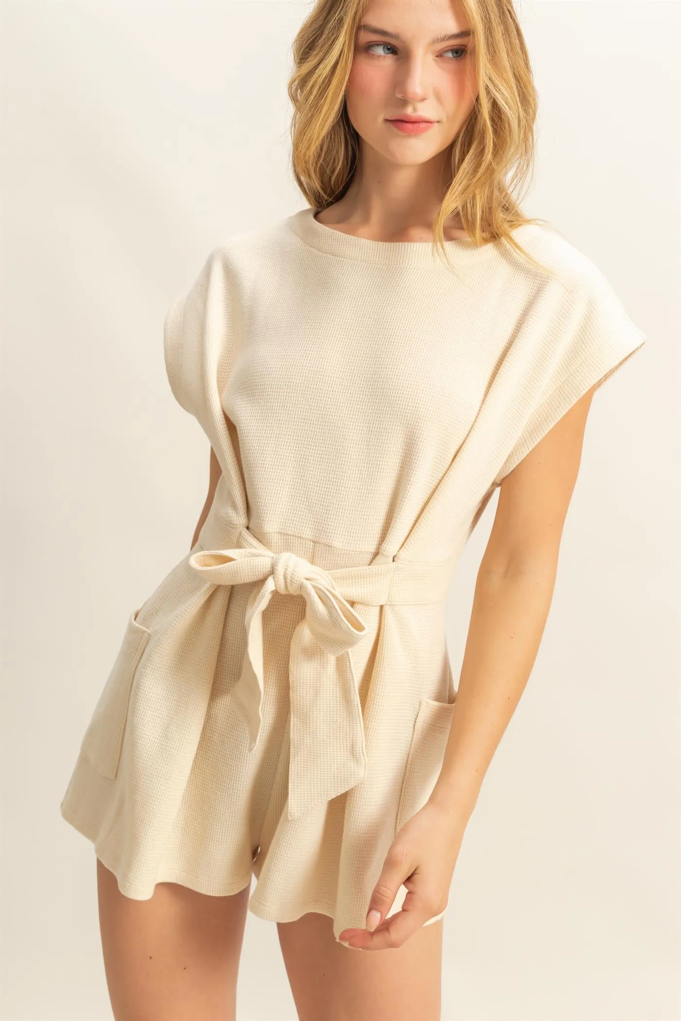 DZ25C387-Tie-Front Waffle Knitted Romper