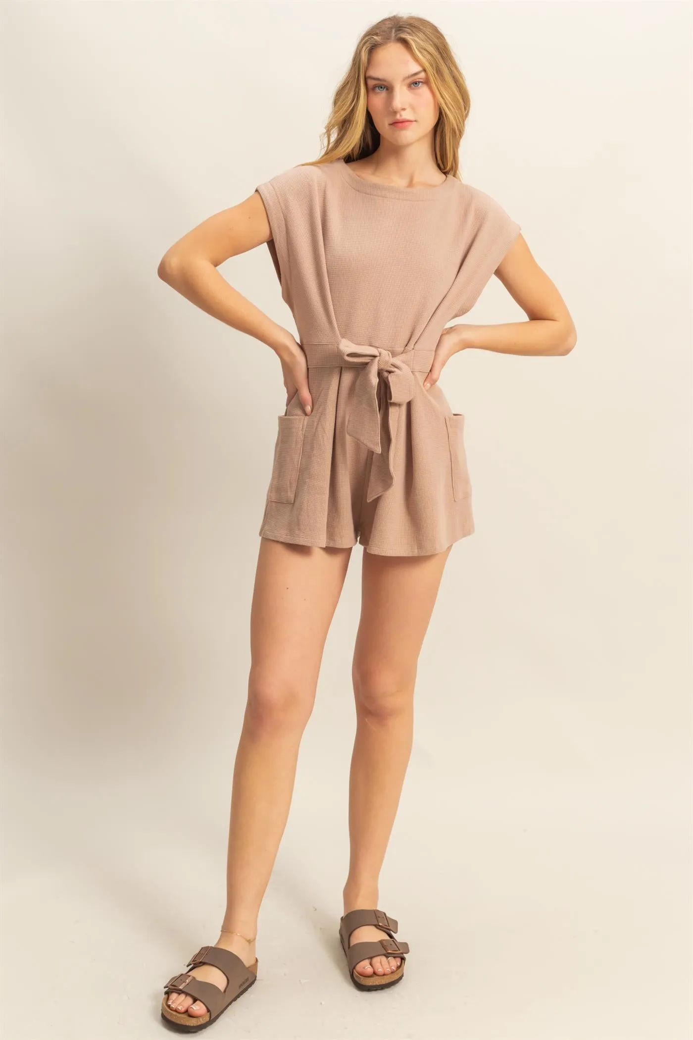 DZ25C387-Tie-Front Waffle Knitted Romper