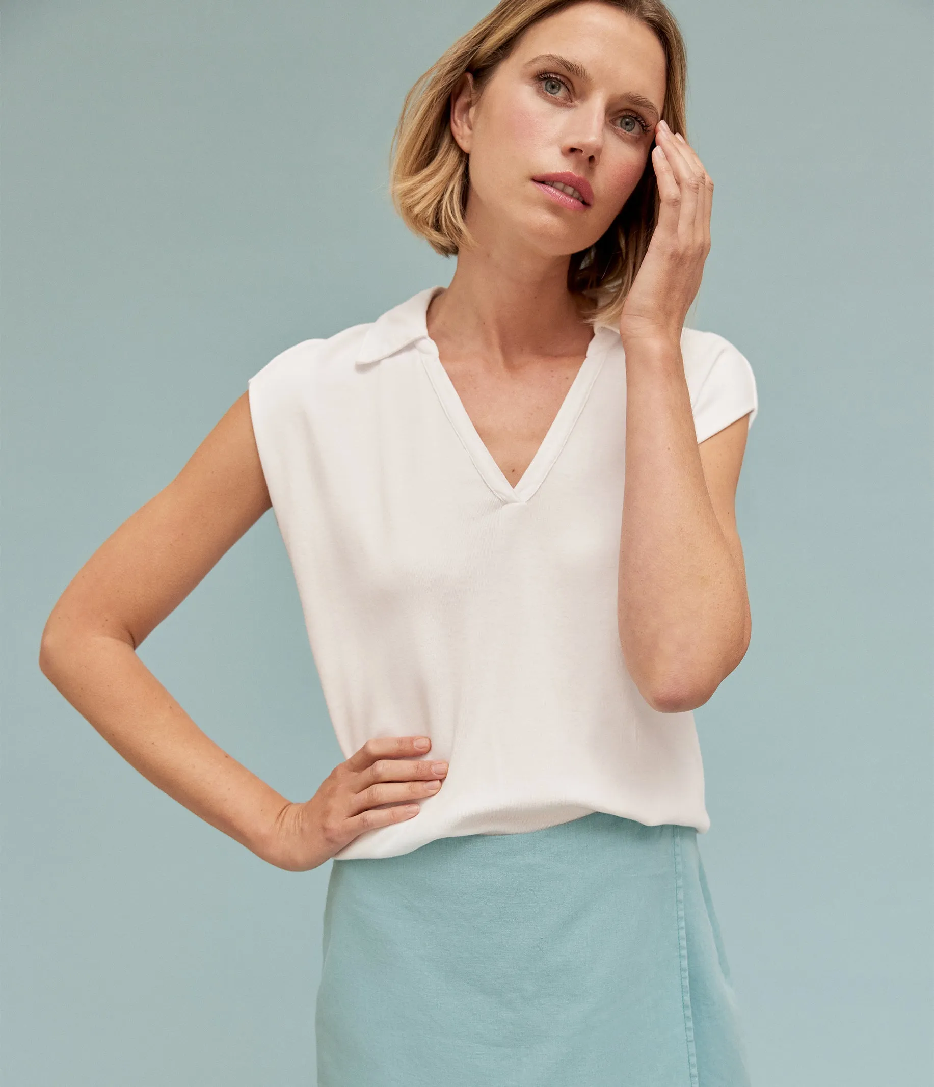 FAYE POWER SHOULDER POLO IN WHITE