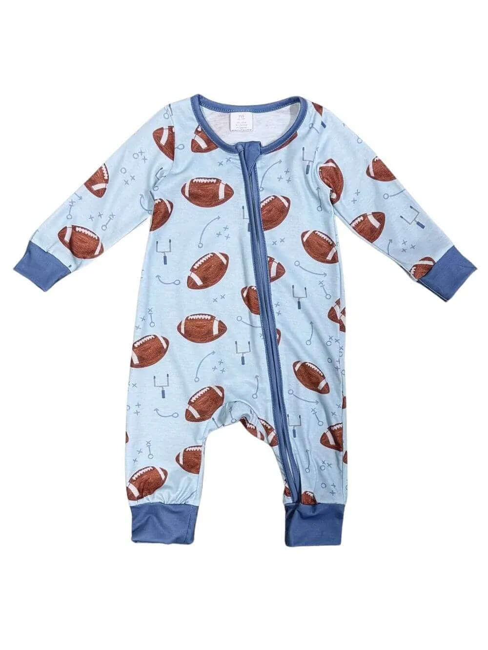 Game Day Football Light Blue Zip Up Baby Romper