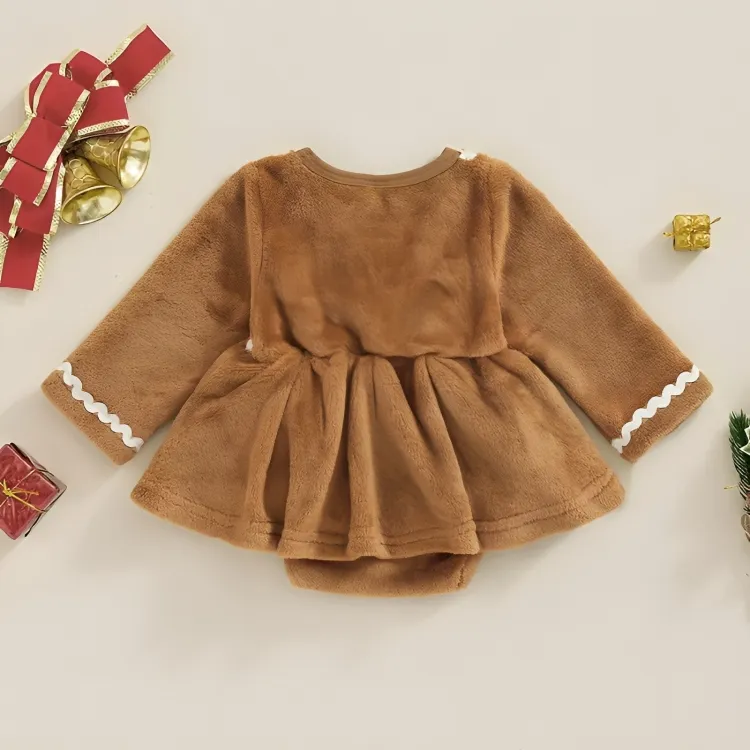 Long Sleeve Gingerbread Bow Baby Romper Dress