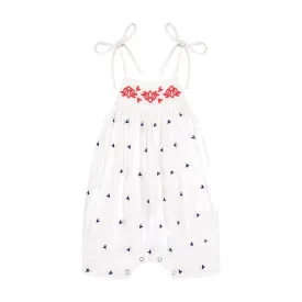 Marley Shoulder Tie Baby Romper in Red and White With Navy Embroidery