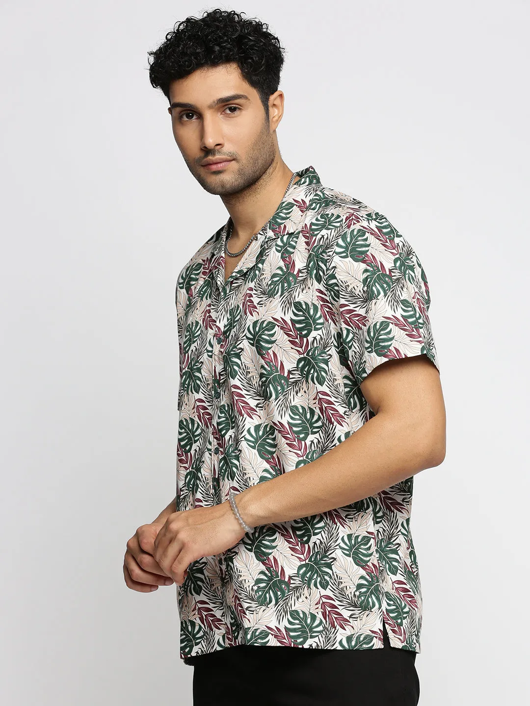 Men Green Cuban Collar Floral Shirt