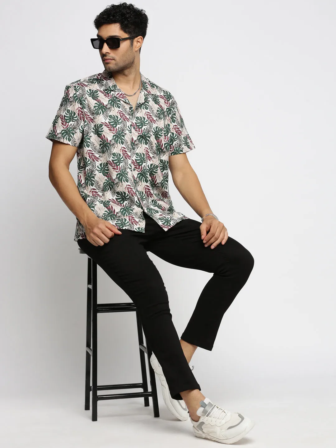 Men Green Cuban Collar Floral Shirt