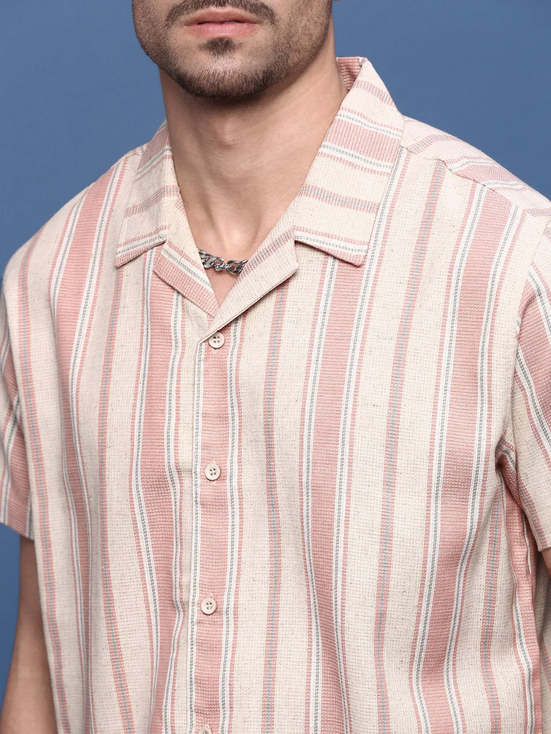 Men Peach Cuban Collar Striped Shirt