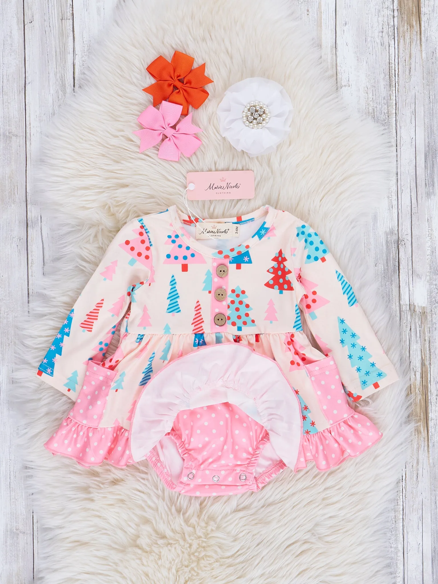 Pink Polka Dot Whimsical Trees Ruffle Romper