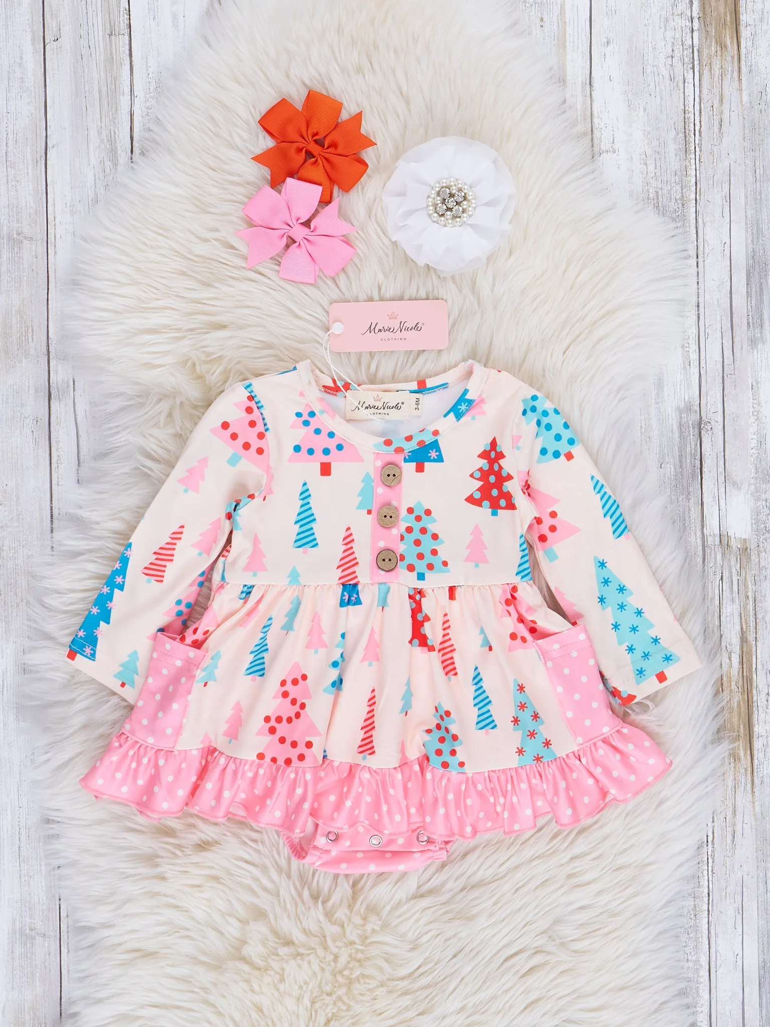 Pink Polka Dot Whimsical Trees Ruffle Romper