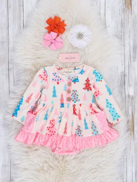 Pink Polka Dot Whimsical Trees Ruffle Romper