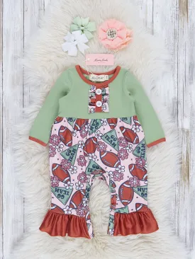 Pistachio & Chocolate Velvet Trim Football Ruffle Romper