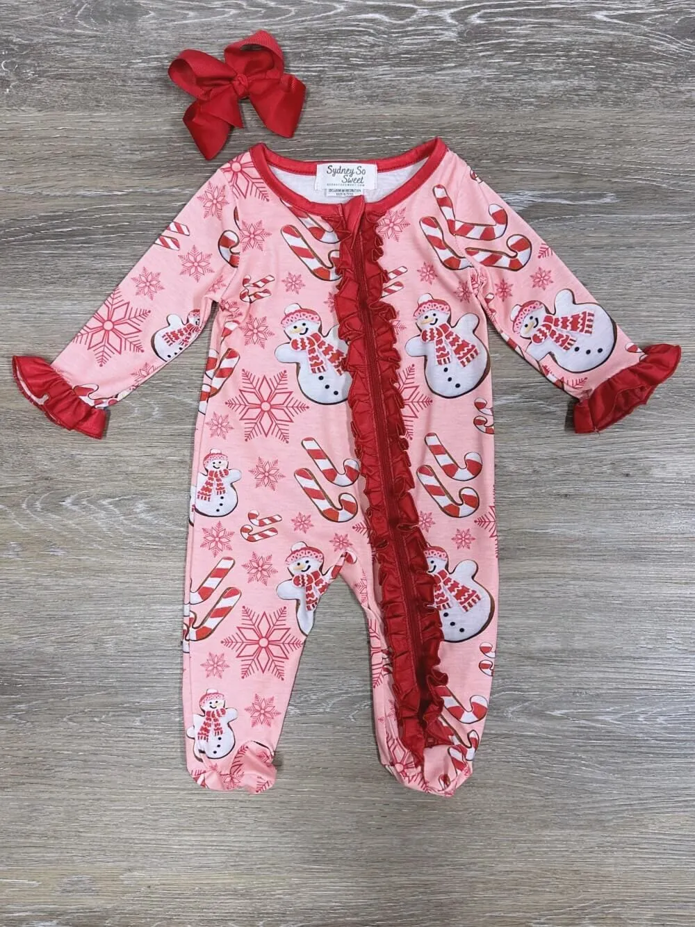Snow Cute Girls Red Ruffle Candy Cane Baby Romper