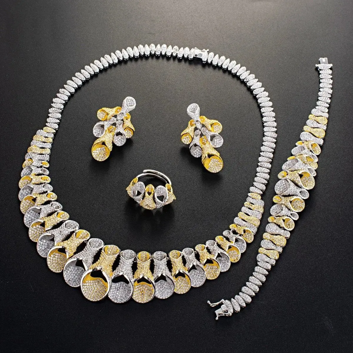 Stunning 2 Tones SIlver Mixed Gold Bold Cubic Zirconia Necklace UK Dispatch Set