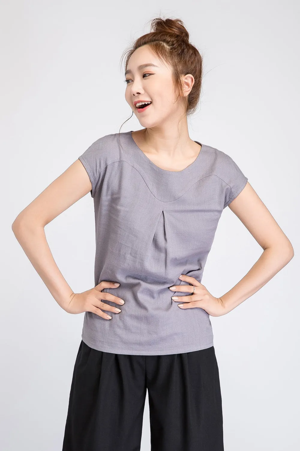 summer top, Linen blouse, gray linen tee, linen shirt women, short sleeve blouse 1920
