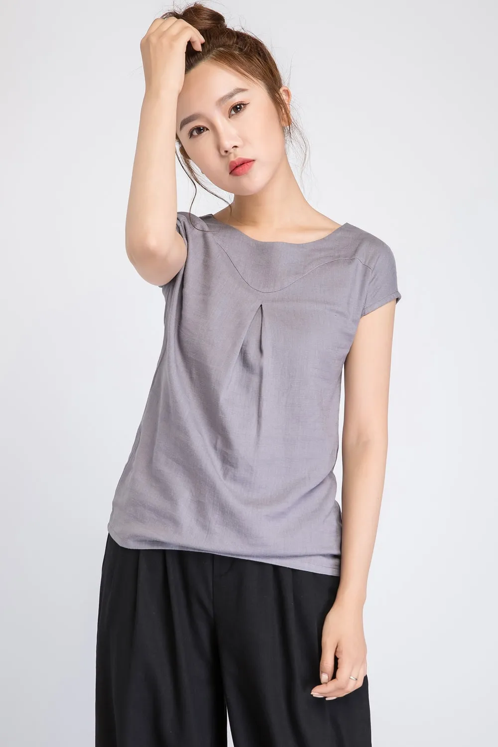 summer top, Linen blouse, gray linen tee, linen shirt women, short sleeve blouse 1920