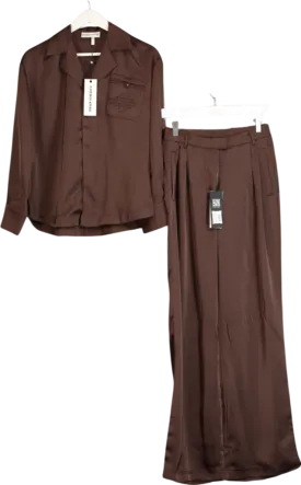 The Couture Club Brown 2-piece Satin Tailored Relaxed Shirt & Wide Leg Trouser Co-ord Set Deep Chocolate UK 4
