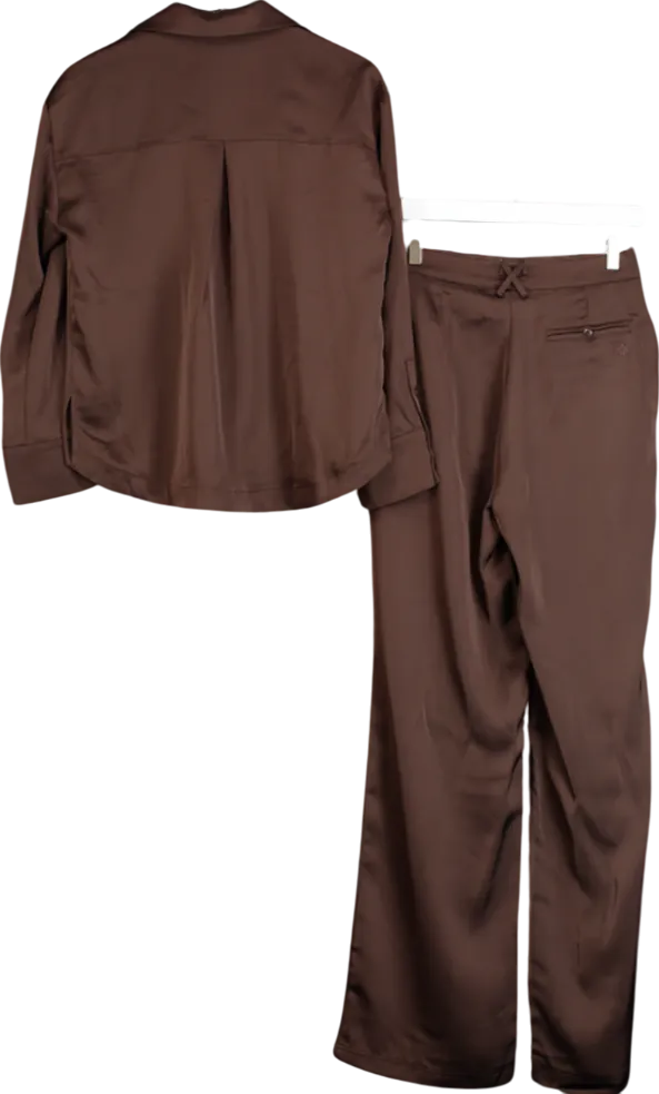 The Couture Club Brown 2-piece Satin Tailored Relaxed Shirt & Wide Leg Trouser Co-ord Set Deep Chocolate UK 4