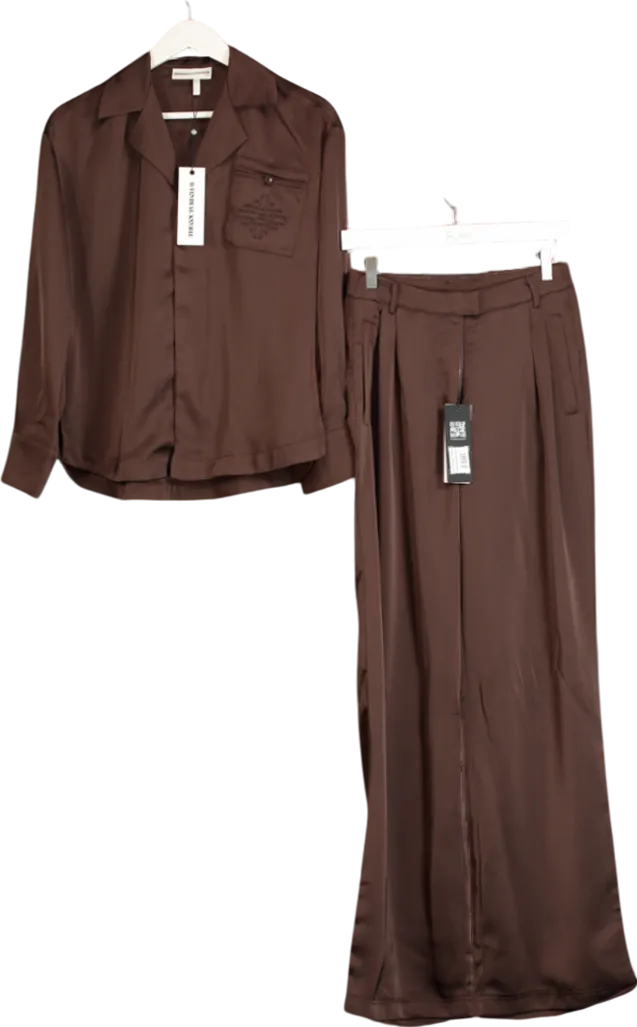 The Couture Club Brown 2-piece Satin Tailored Relaxed Shirt & Wide Leg Trouser Co-ord Set Deep Chocolate UK 4