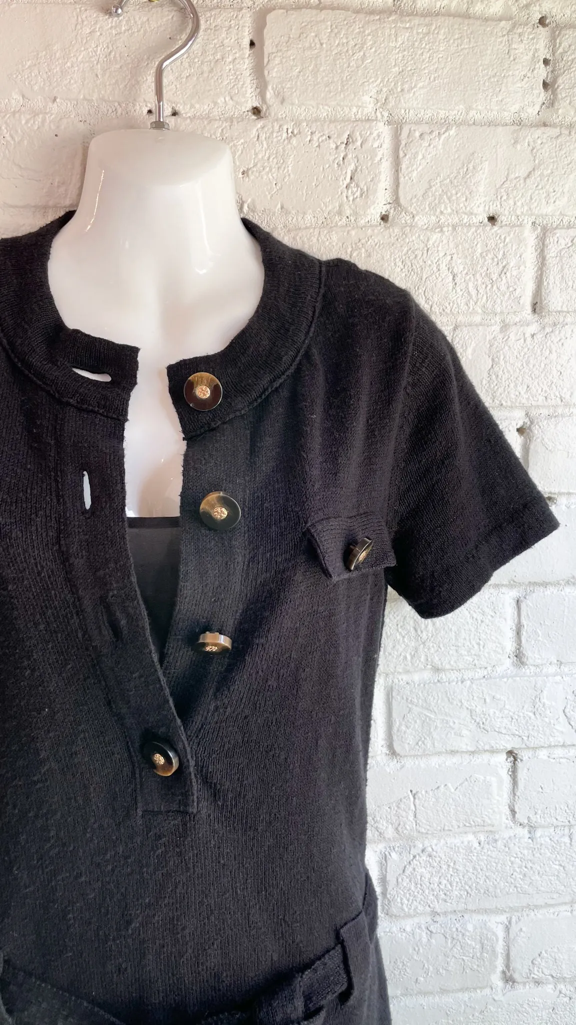 Tory Burch Black Cotton Linen Button Front Belted Utility Knit Dress - Small