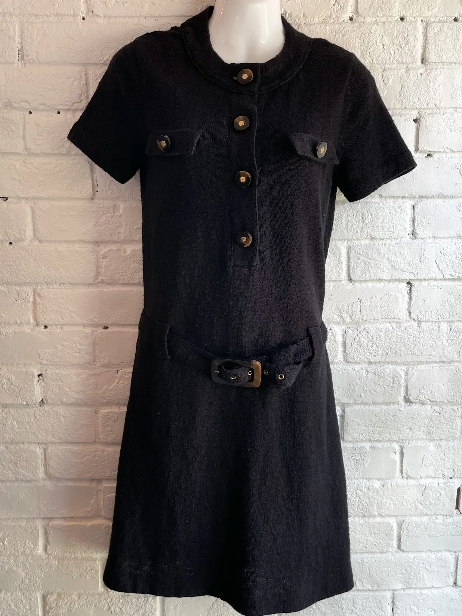 Tory Burch Black Cotton Linen Button Front Belted Utility Knit Dress - Small