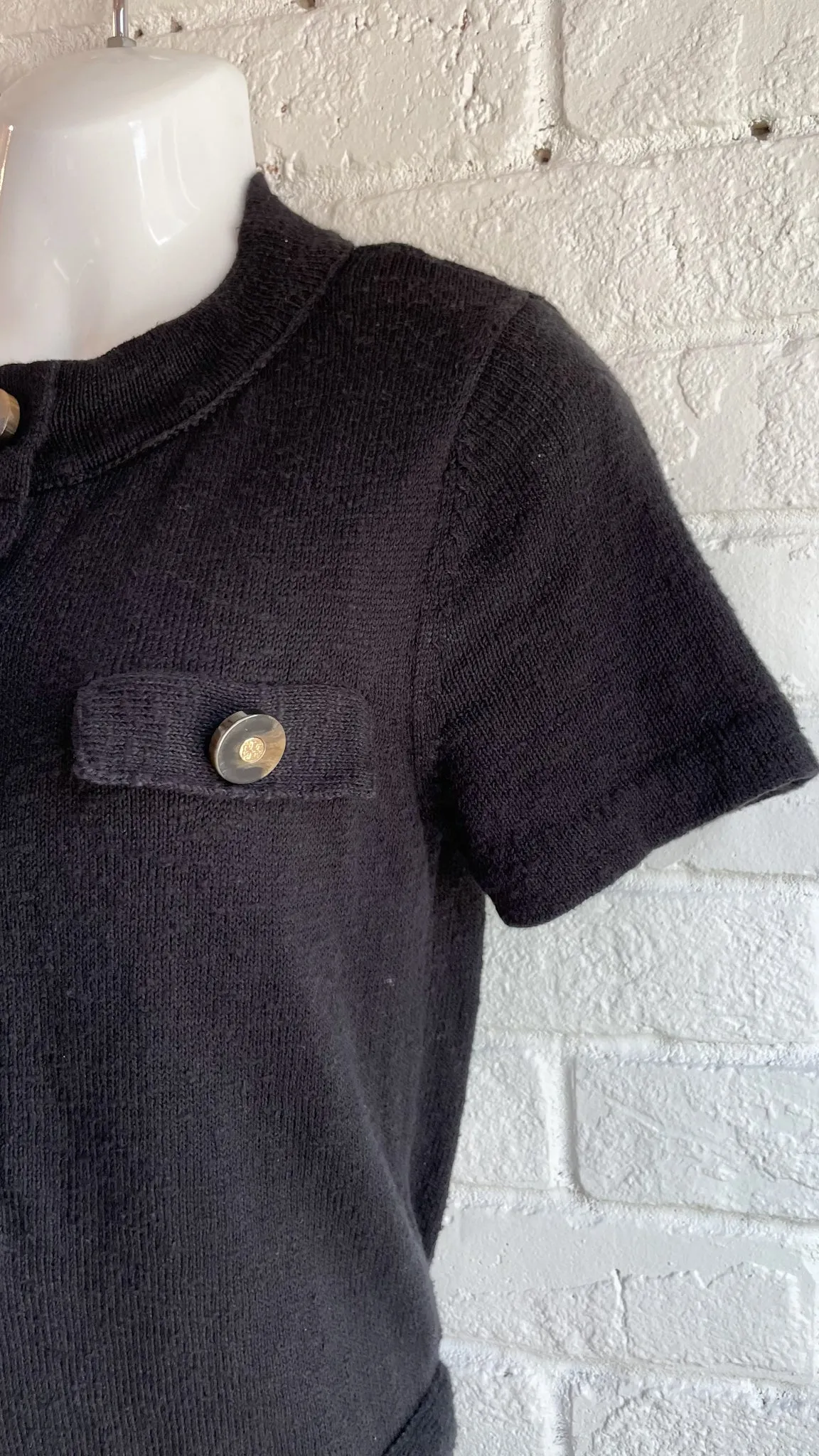 Tory Burch Black Cotton Linen Button Front Belted Utility Knit Dress - Small